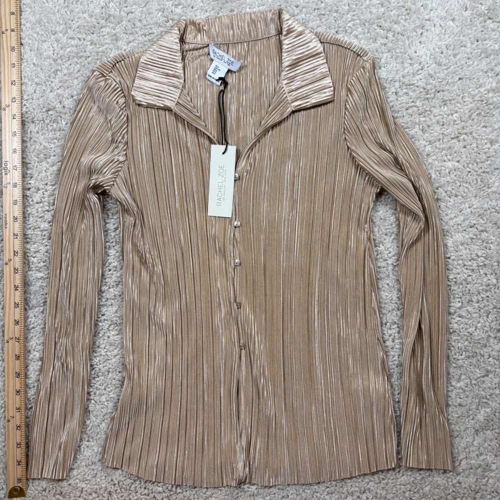 Rachel Zoe Womens Gold Pleated Button Down Shirt Long Sleeve Champagne Large NWT